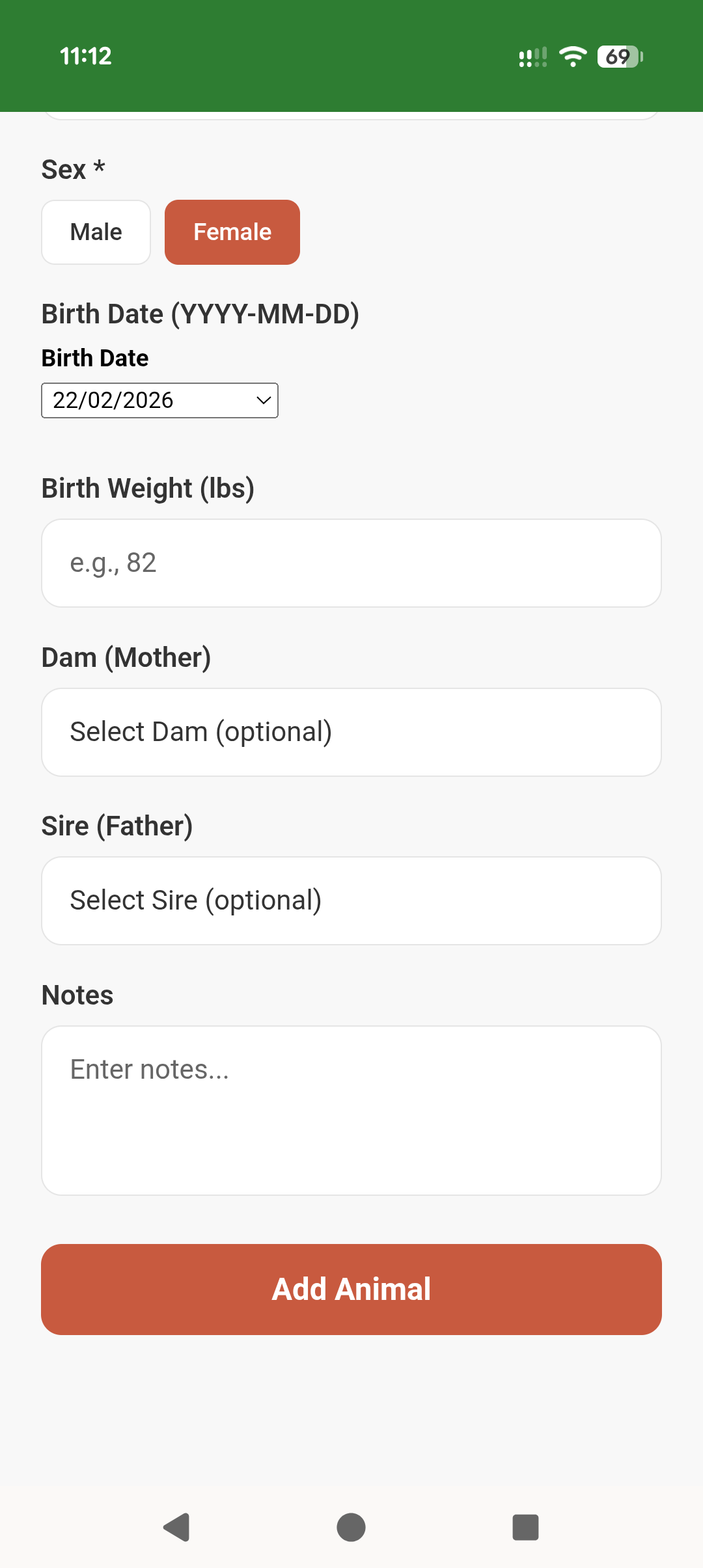Add animal form showing dam and sire selection and add button