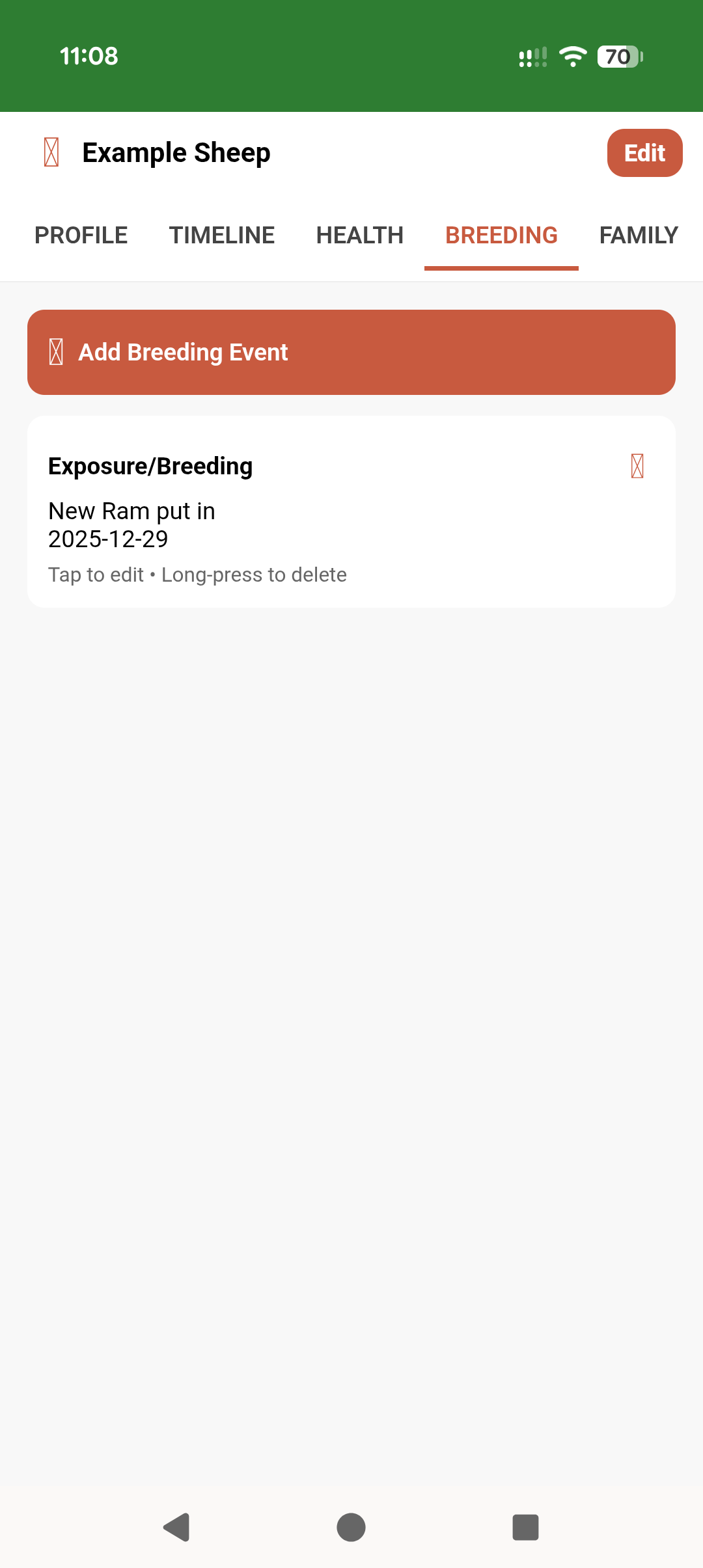 Animal breeding tab with breeding events