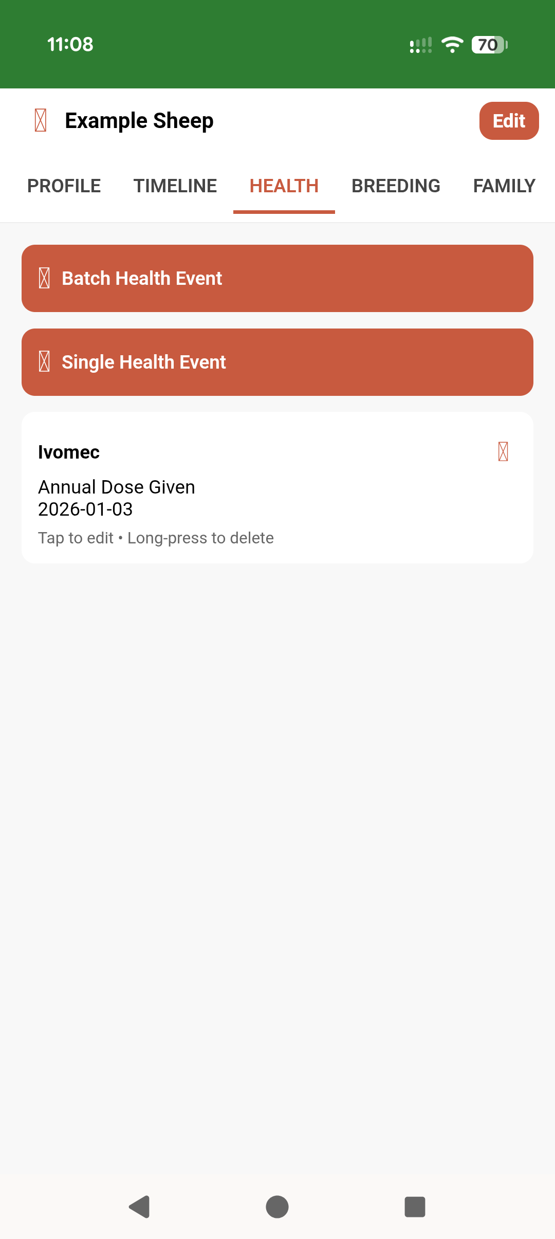 Animal health tab with health event logging